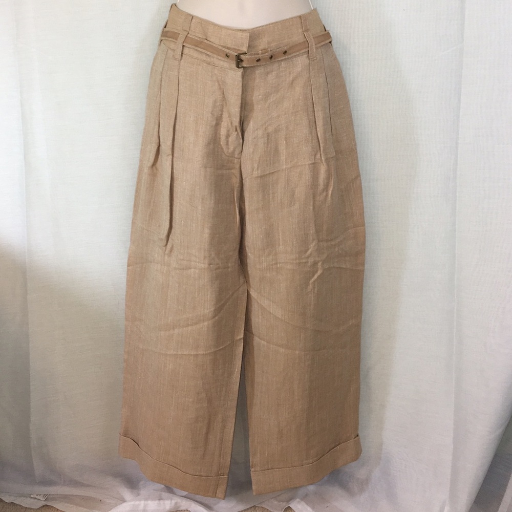 Express Tan Wide-Leg Linen-Blend Trousers with Waist Belt